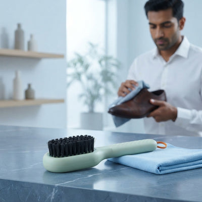 A multifunctional shoe polishing brush sits on a slate blue surface beside a sky blue cloth, with a person polishing a shoe i