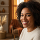 Headshot of a smiling person, conveying satisfaction and trust in a warm, inviting home setting.